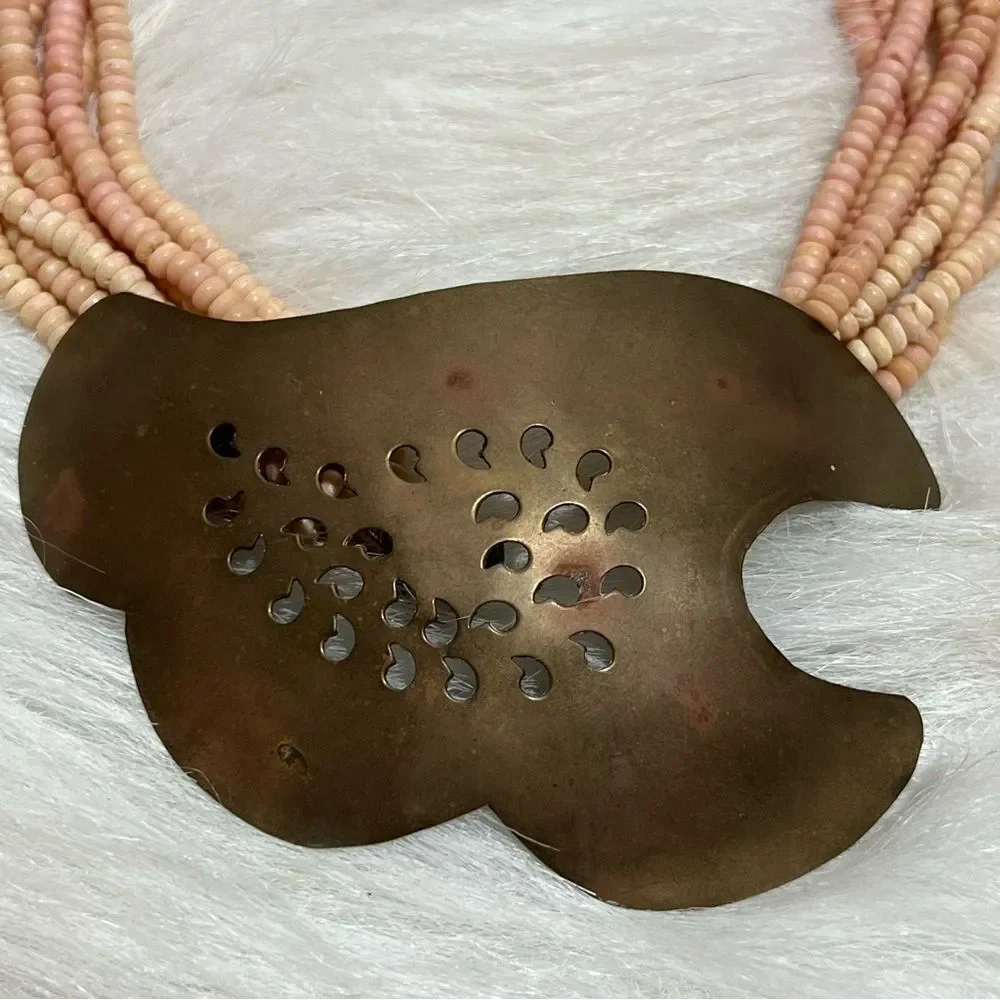 Vintage Artisan Coral Shell/Aged Brass Centerpiece Necklace --‎ OS